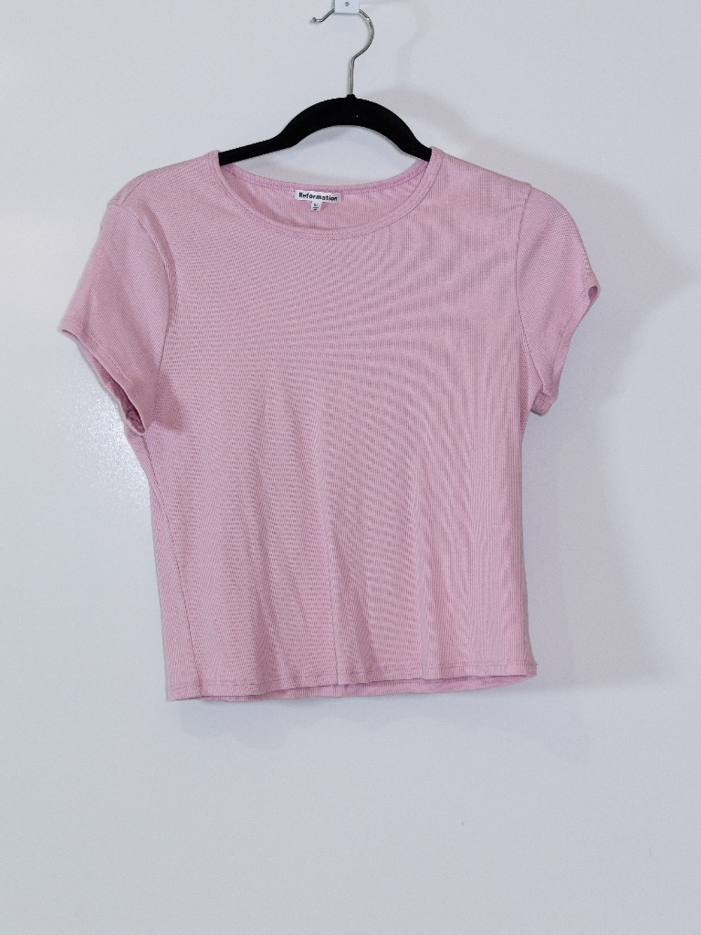 Reformation Muse Cotton Ribbed Knit Stretch Short Sleeve Shirt Babygirl Pink XL